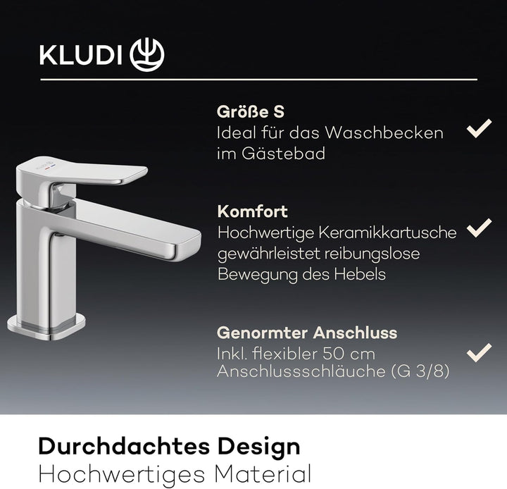 KLUDI-X3 Waschtischarmatur, Auslaufhöhe 85 mm, wassersparender Wasserhahn Bad Grösse S, Keramikkartu