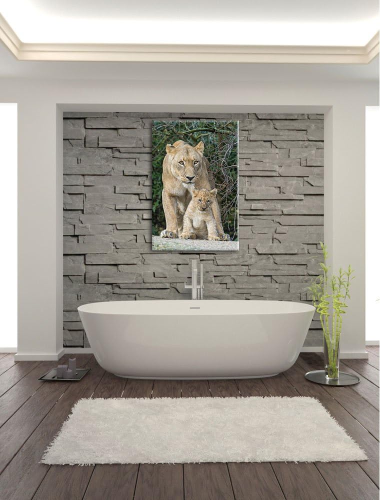 Pixxprint Löwin mit Jungtier auf Leinwand, XXL riesige Bilder fertig gerahmt mit Keilrahmen, Kunstdr