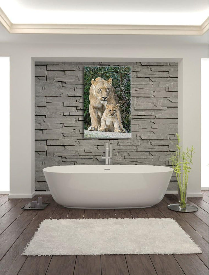 Pixxprint Löwin mit Jungtier auf Leinwand, XXL riesige Bilder fertig gerahmt mit Keilrahmen, Kunstdr