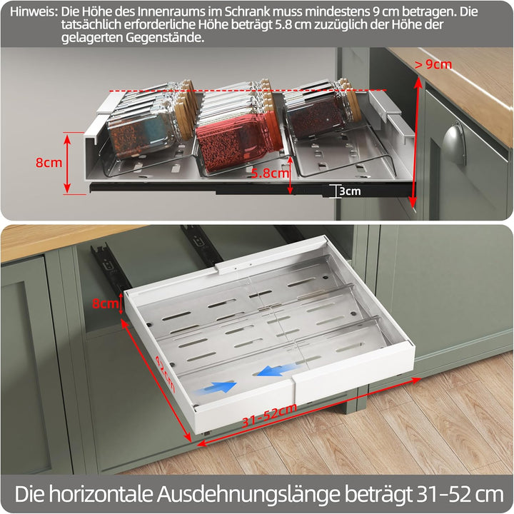 NETEL 2 stück Teleskopschublade mit 6 Plastik Gewürzregal,Ausziehbarer Schubladen küche, Einstellbar