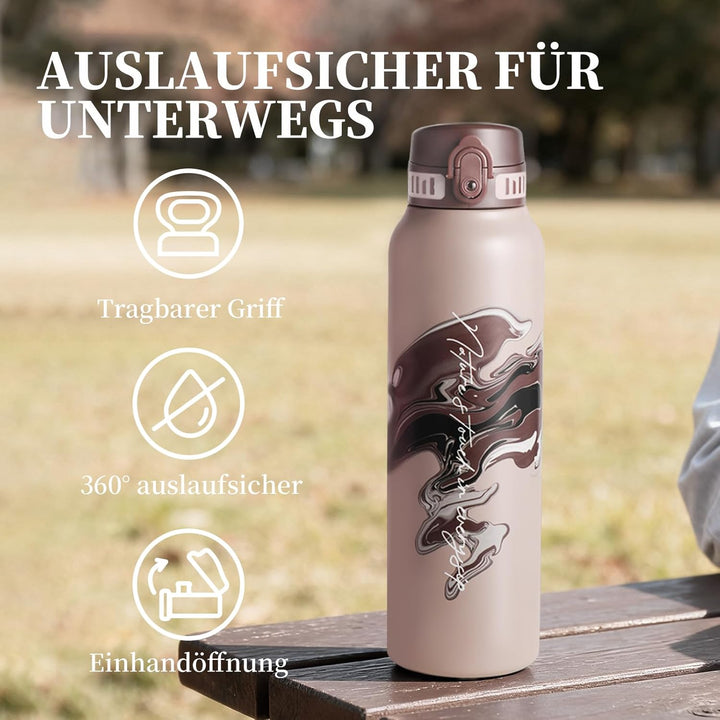UZSPACE Edelstahl Trinkflasche 1l (970ml), Isolierte Thermosflasche mit 1-Klick-Öffnung, 100% Auslau