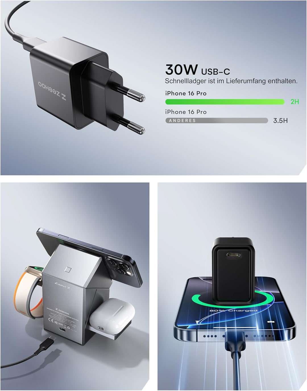 ZEEHOO 3 in 1 Ladestation for Apple Magsafe Ladegerät, CubeTrick-X Qi2 15W Wireless Charger für iPho