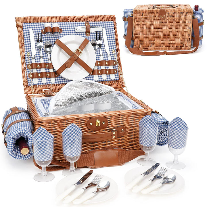 Picknickkorb für 4, isolierte Weiden-Picknickkörbe mit Schultergurt, Picknickkorb mit wasserdichter