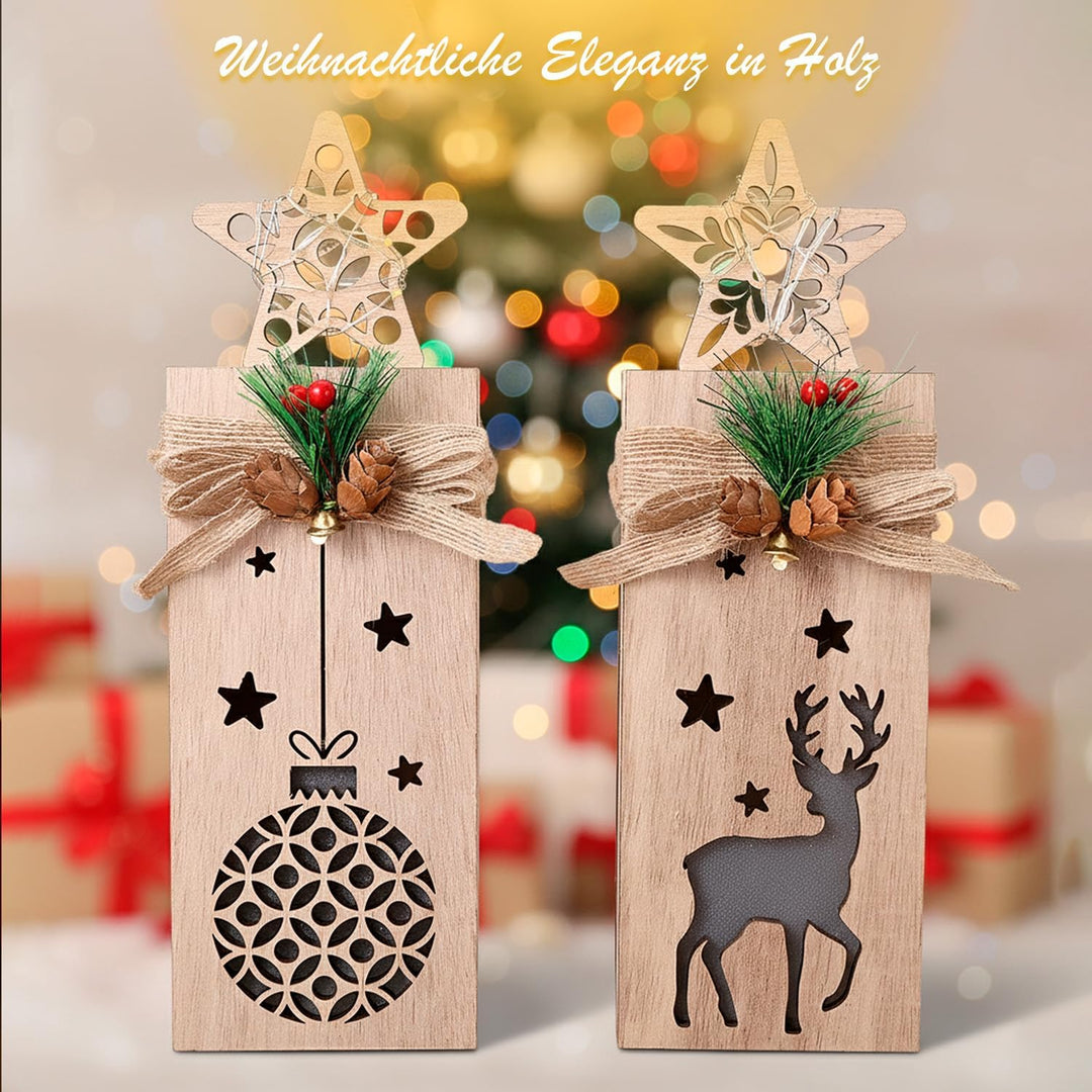 Holz Weihnachtsdeko mit LED Licht I 2er Set beleuchtete Holzdeko Weihnachten mit Elch & Stern I Weih
