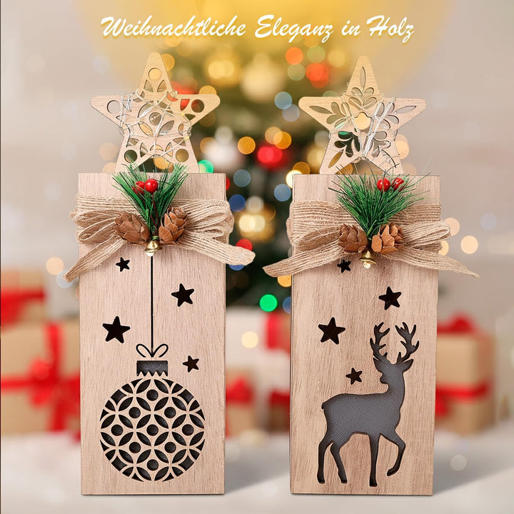Holz Weihnachtsdeko mit LED Licht I 2er Set beleuchtete Holzdeko Weihnachten mit Elch & Stern I Weih