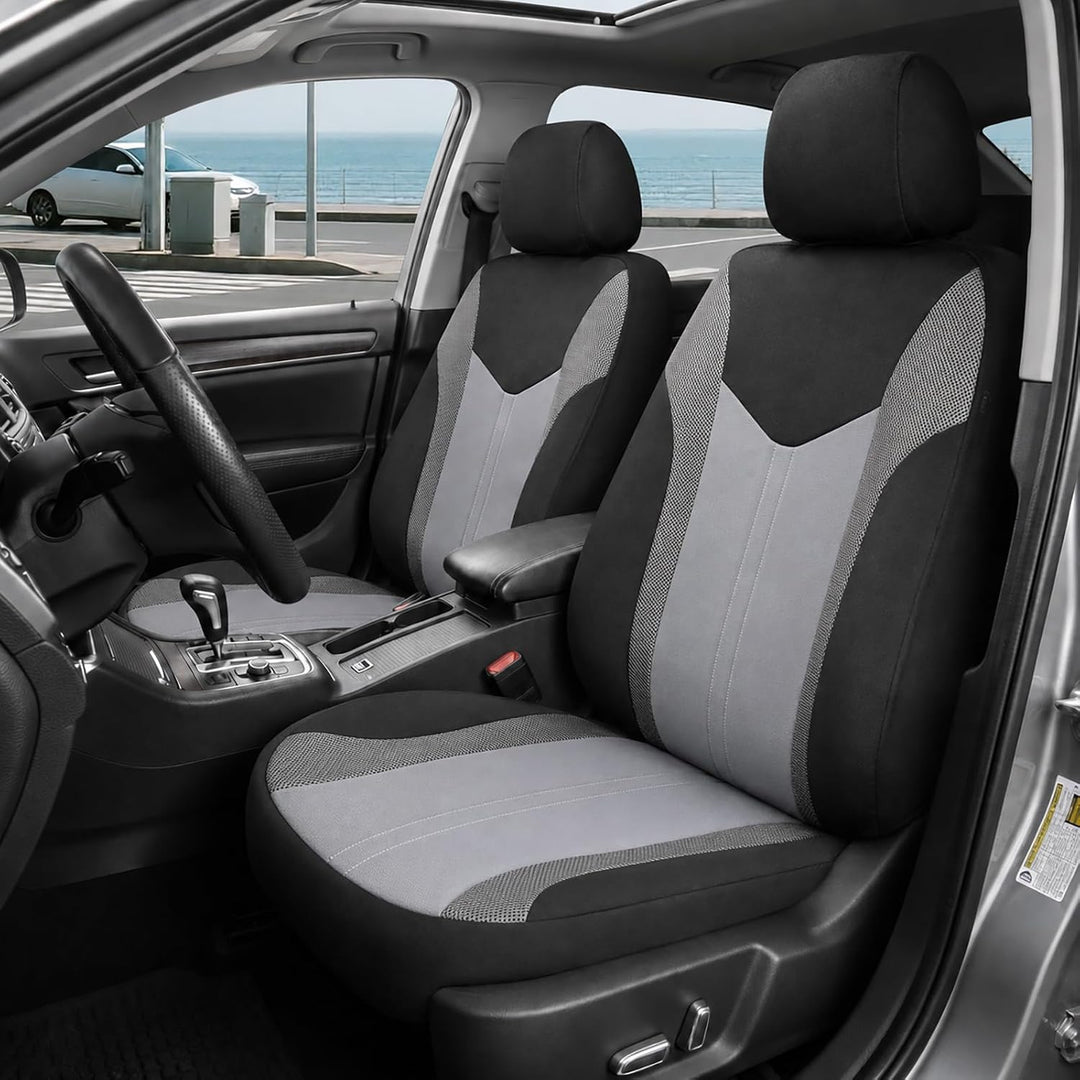 TOYOUN Universal Autositzbezüge Vordersitze Für Sedan Van SUV Grau/Schwarz | Atmungsaktives 3D Sandw