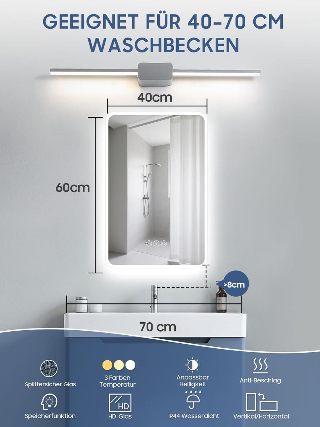 Badspiegel mit Beleuchtung,40x60cm LED Badezimmerspiegel Mit Licht und Bluetooth, Entfoggen, 3 Farbt