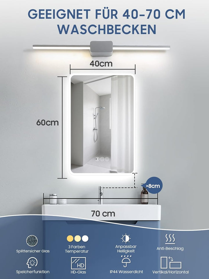 Badspiegel mit Beleuchtung,40x60cm LED Badezimmerspiegel Mit Licht und Bluetooth, Entfoggen, 3 Farbt