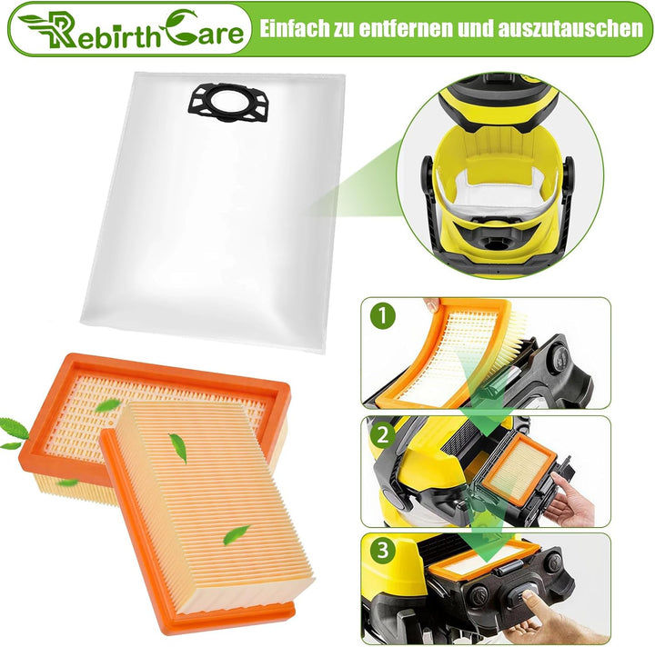 10 Stück Staubsaugerbeutel und 2 Filter als Ersatz für Kärcher WD5 WD6 WD4 WD5P Premium MV4 MV5 MV6,