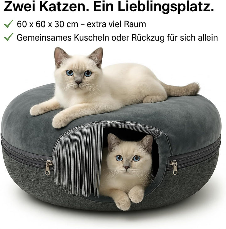 Katzenhöhle mit Flauschigen Kuschelbett | Anti-Slip Unterfläche | Atmungsaktiv | Katzentunnel aus Fi