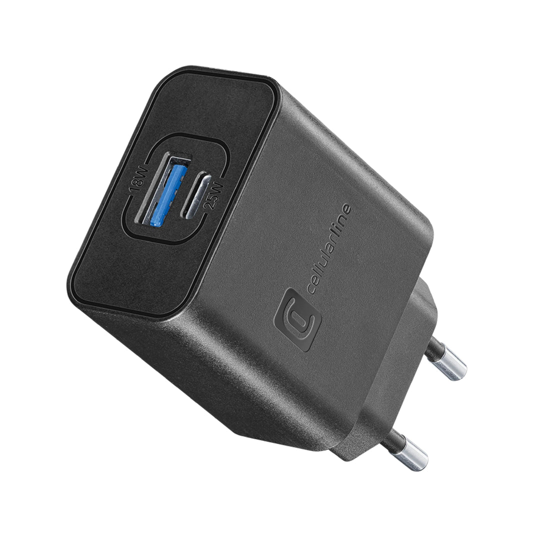 Cellularline | Netzwerk-Ladegerät | USB- und USB-C-Ladegerät mit 2 Anschlüssen und 25-W-Super-Fast-C
