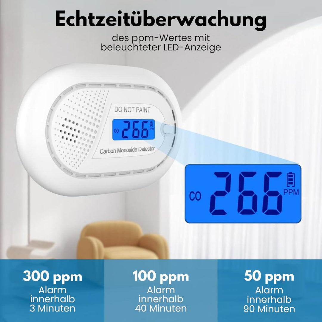 Kohlenmonoxid Melder - 10 Jahre Batterie - Aroha Safety Pro CO Melder, CO Gaswarner, CO Warner, Kohl