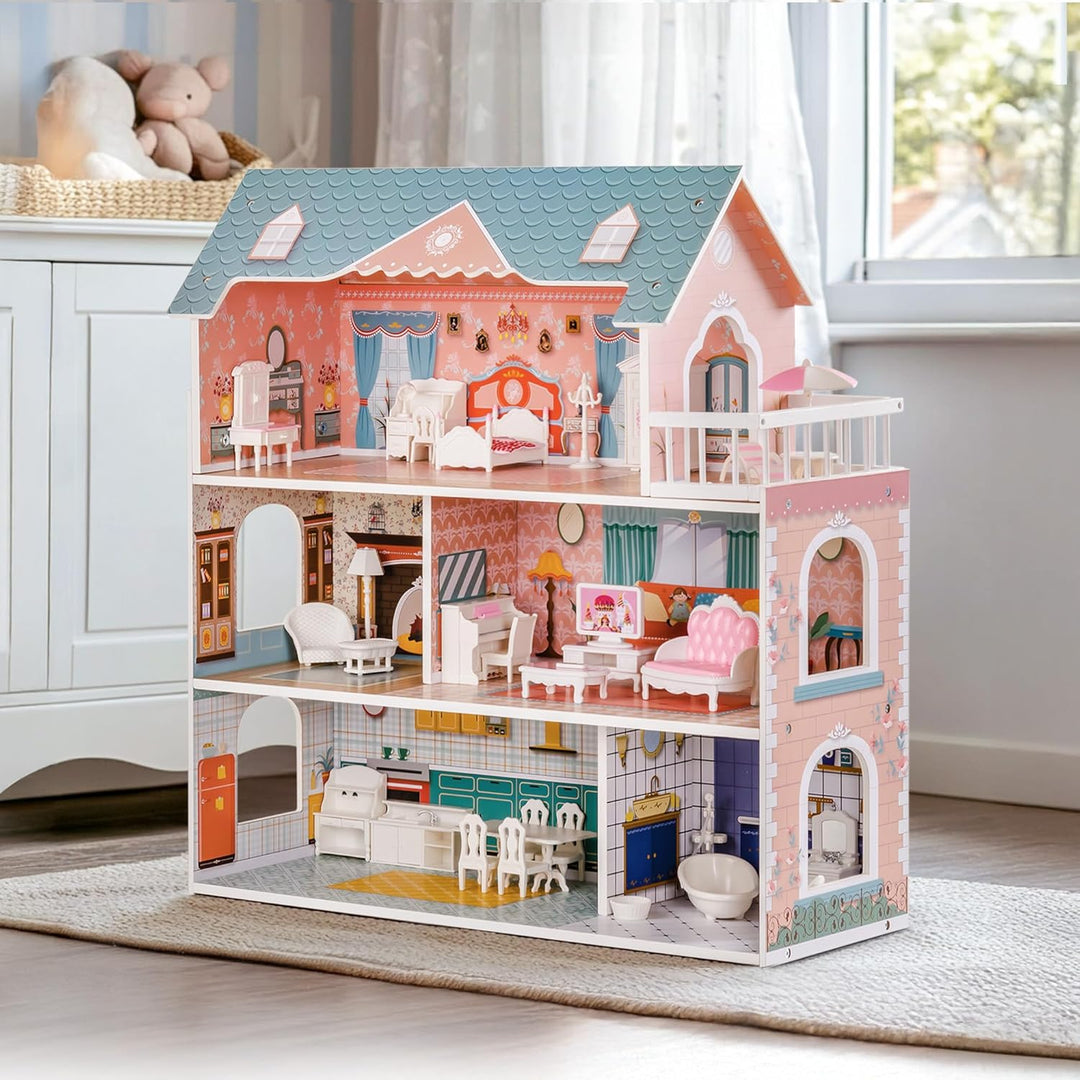 ROBUD Puppenhaus aus Holz mit Möbeln und Zubehör Mädchen Häuser Spielhaus Spielraum Spielzeug für Ki