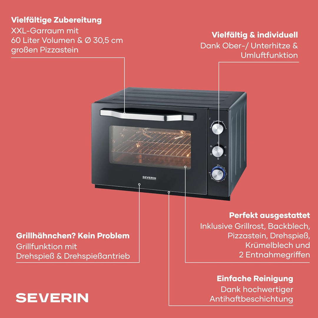 SEVERIN XXL Back- und Toastofen mit Umluftfunktion, Backofen mit Grillrost, Backblech, Drehspiess un