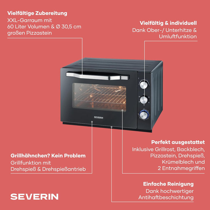 SEVERIN XXL Back- und Toastofen mit Umluftfunktion, Backofen mit Grillrost, Backblech, Drehspiess un