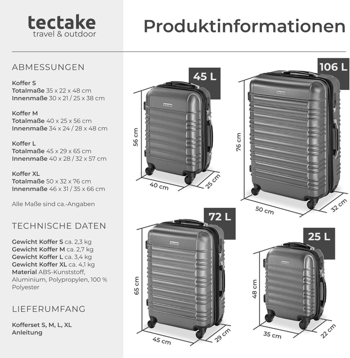 tectake® 4 TLG Reisekoffer Set, TSA Zahlenschloss, Hartschalenkoffer Set, Trolley Kofferset, ABS Har