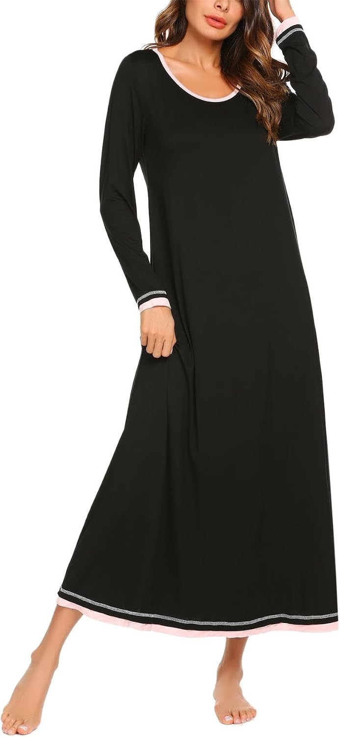 Ekouaer Damen Nachthemd Langarm Elegant Sleepshirt Weich Schlafkleid Lange Nachthemden Kontrastfarbe