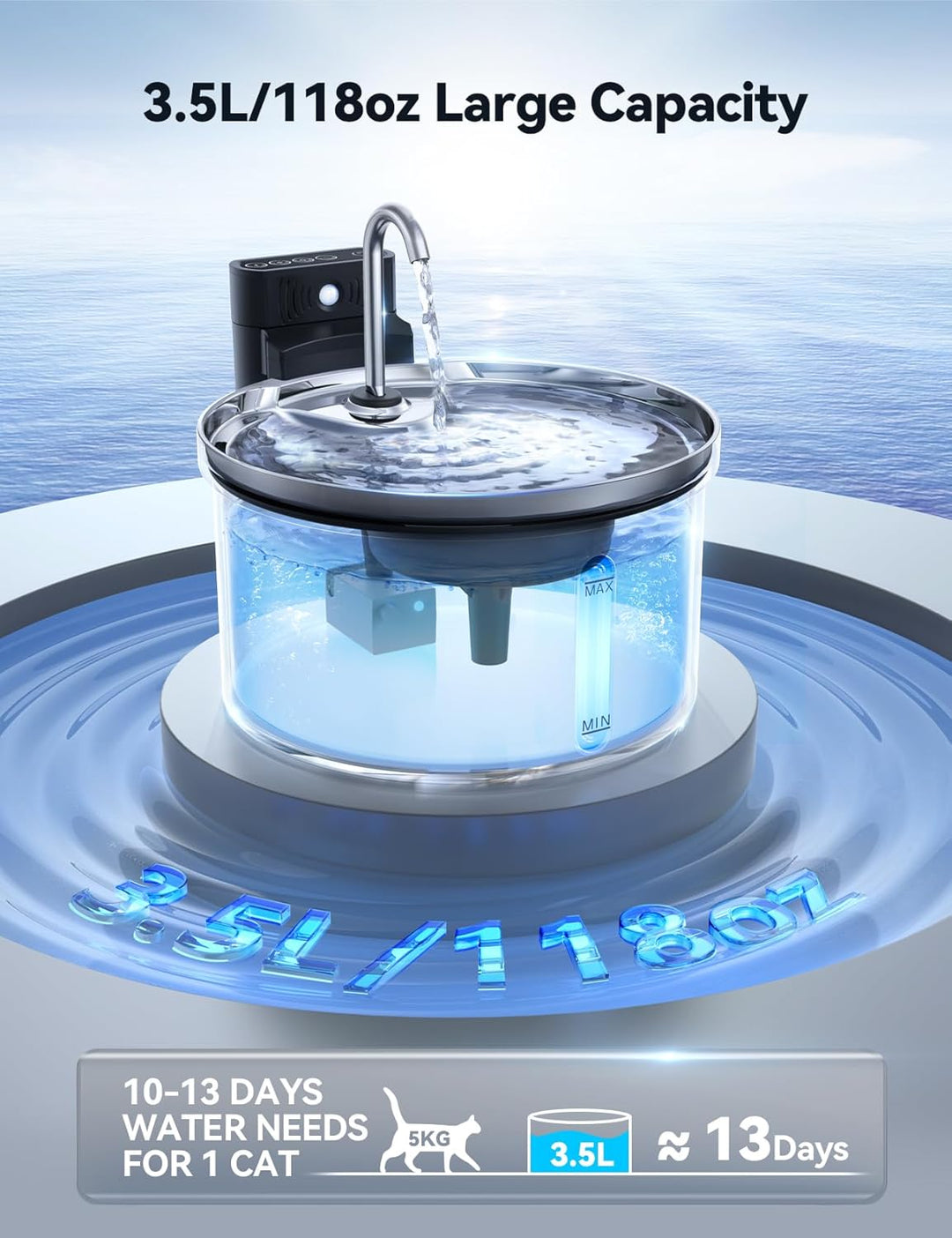 Kabelloser Katzenbrunnen Edelstahl mit Bewegungsmelder [Wasser-und Batterietrennung] FEELNEEDY Batte