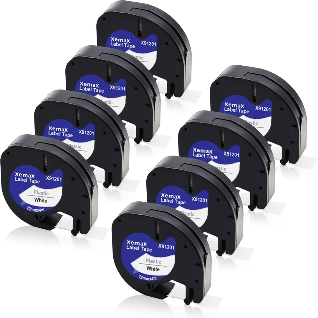 8x XemaX Kompatibel für Dyno Letra 12mm x 4m Etikettenband, Schwarz auf Weiss Schriftband, 91201 912