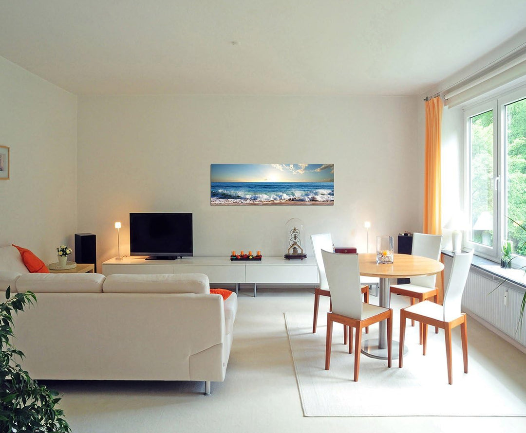 Augenblicke Wandbilder Leinwandbild als Panorama in 150x50cm Meer Strand Wellen Sonnenuntergang Wolk