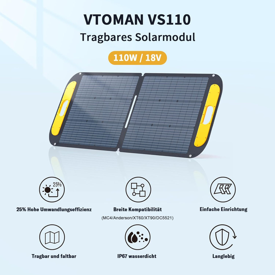 VTOMAN VS110 Faltbares Solarpanel 110W, 18V/25% Effizienz, Monokristalline Tragbare Solarmodul für P