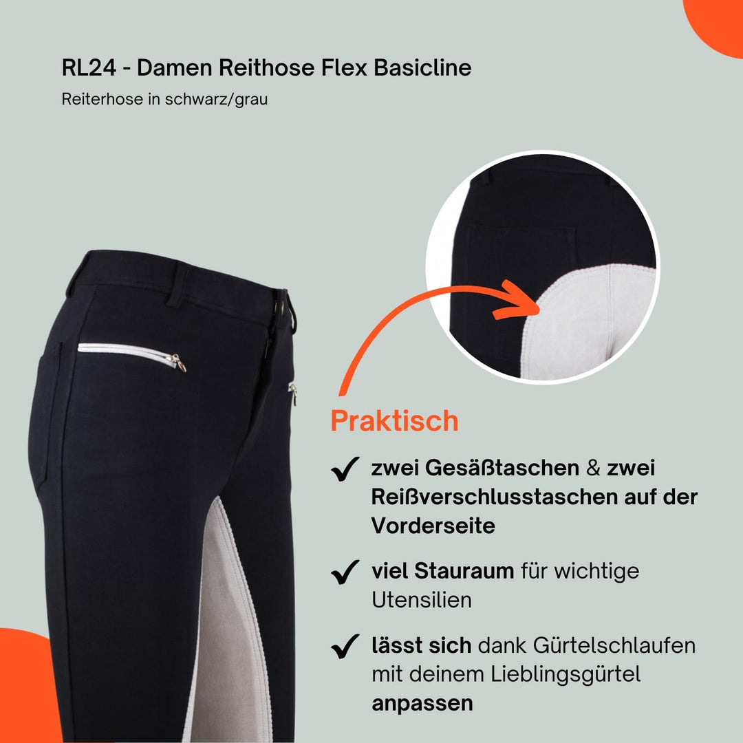 RL24 Damen Reithose Vollbesatz Flex BASICLINE 44 Schwarz/Grau, 44 Schwarz/Grau