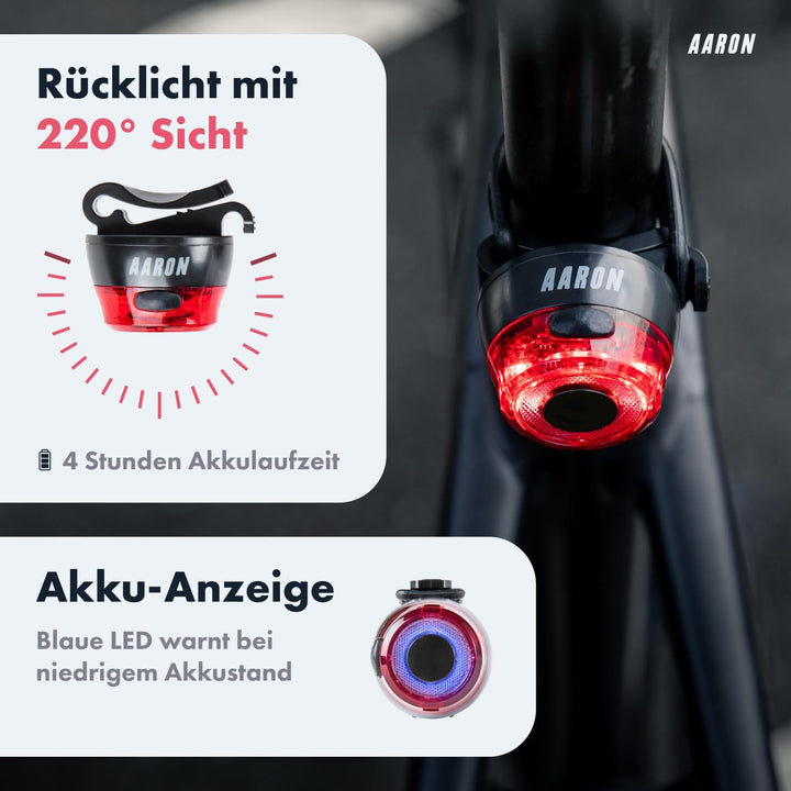 AARON 100 LUX Fahrradlichter Set (9h Leuchtdauer), StVZO zugelassen, 2000 mAh Akku Fahrrad Licht Set