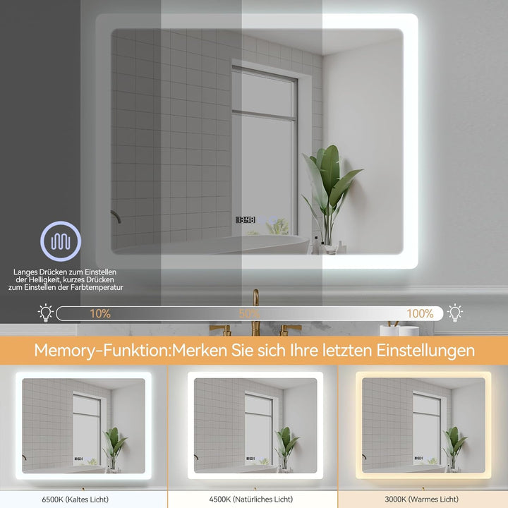 YU YUSING Badspiegel mit Beleuchtung 100x80cm Badezimmerspiegel LED mit 3 Lichtfarben Dimmbar, Besch