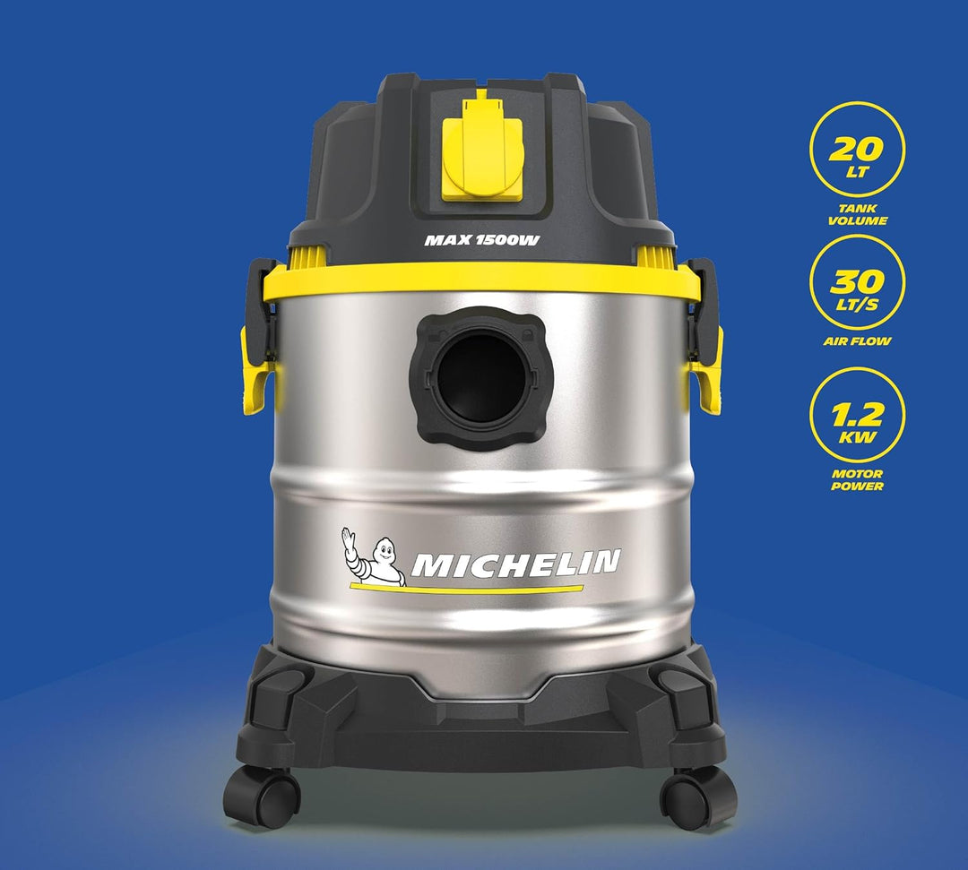 Michelin Nass- und Trockensauger HP20 PRO I Edelstahlbehälter 20 L I Steckdose für weitere Geräte I