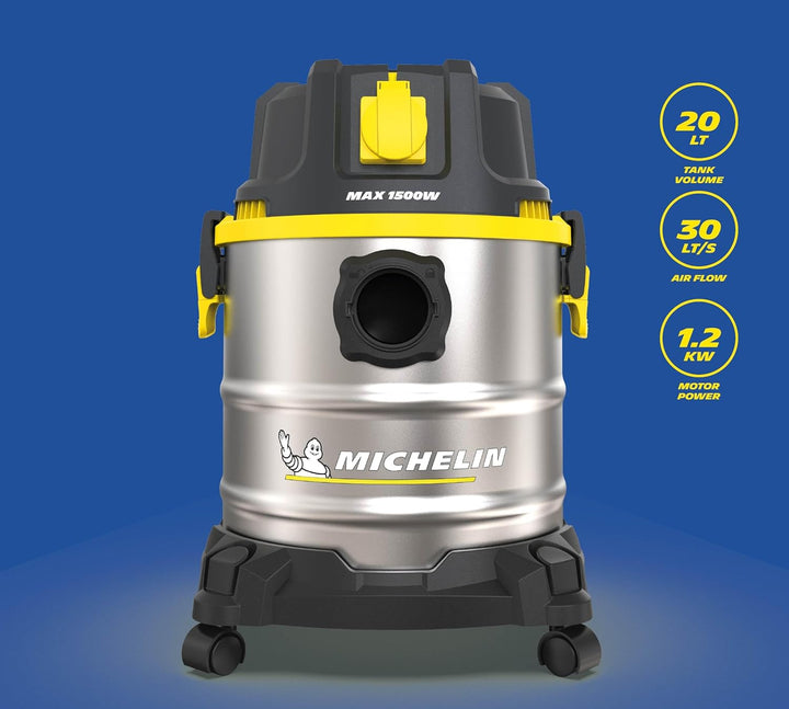 Michelin Nass- und Trockensauger HP20 PRO I Edelstahlbehälter 20 L I Steckdose für weitere Geräte I