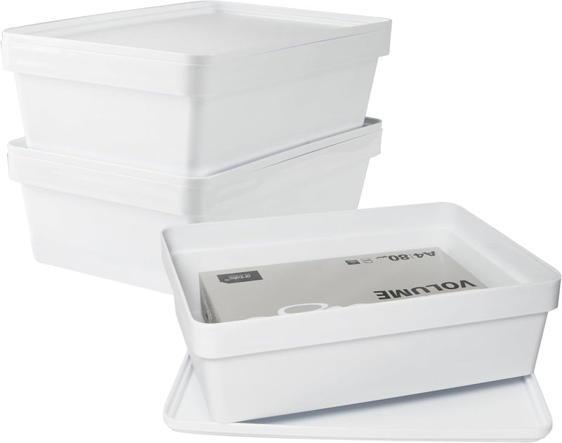 3x Ordnungsbox mit Deckel - stapelbar - weiss - DINA4-Format - 12 cm hoch | 36,5x26x12 cm - 11 Liter