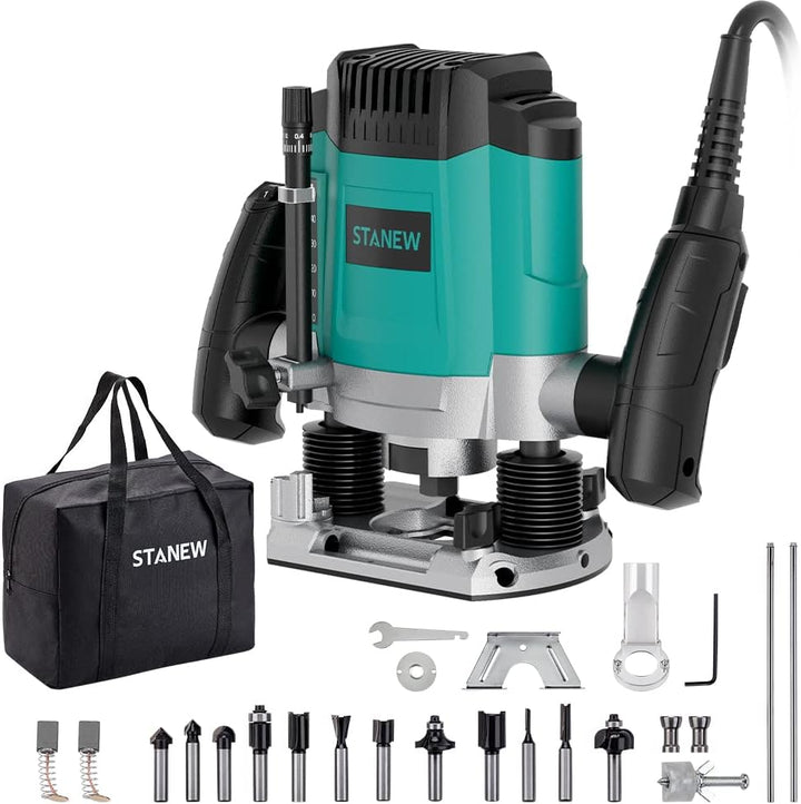 STANEW Oberfräse (1200 W, 6 Geschwindigkeiten 16000-30000 U/min, Ø 6 und 8 mm), Professional Vertica