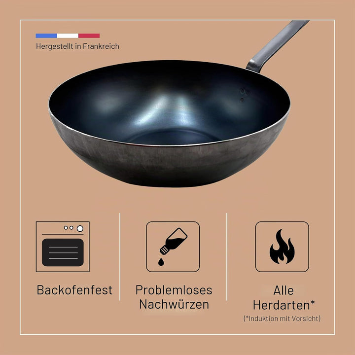De Buyer Blaue Wokpfanne aus Karbonstahl, 2 mm dick, Zugang – 31,8 cm Durchmesser, 15 cm Kochfläche