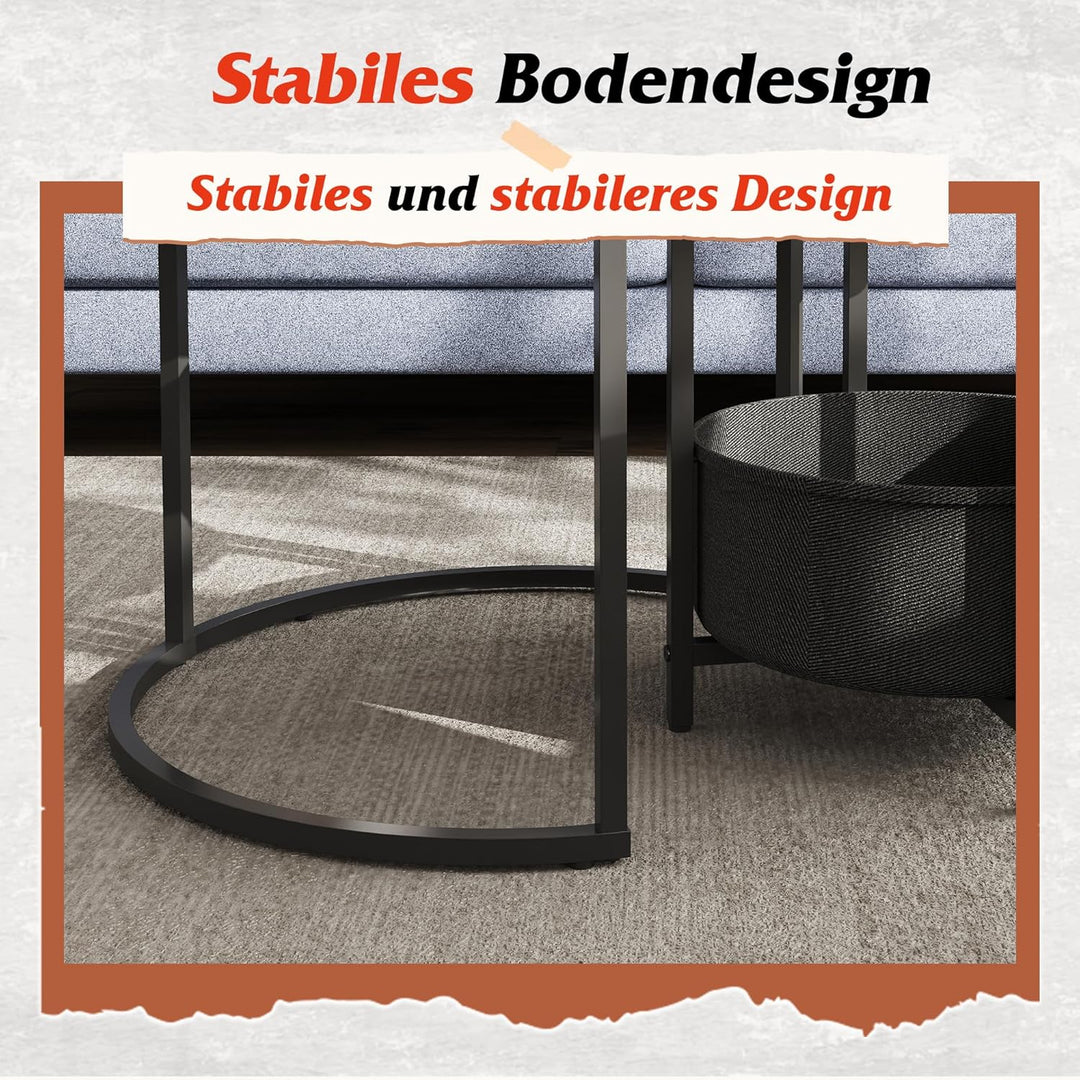 WLIVE Couchtisch Rund 2er Set, Kleiner Beistelltisch mit Stoffkorb, Satztische Wohnzimmertisch mit M