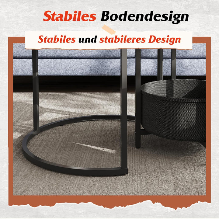 WLIVE Couchtisch Rund 2er Set, Kleiner Beistelltisch mit Stoffkorb, Satztische Wohnzimmertisch mit M