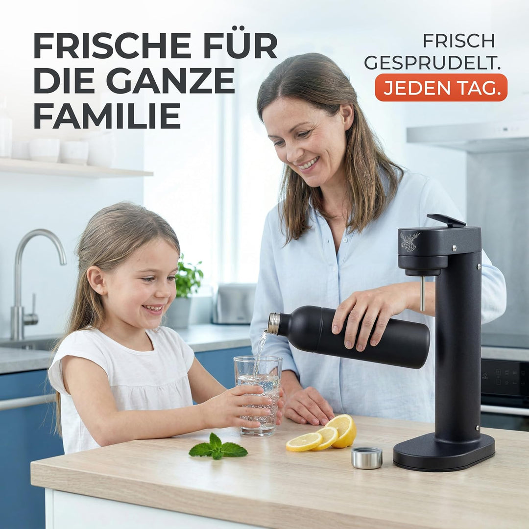 Infinity-S Wassersprudler aus hochwertigem Edelstahl (Black/Black) – inkl. 2x 1,25L Edelstahlflasche