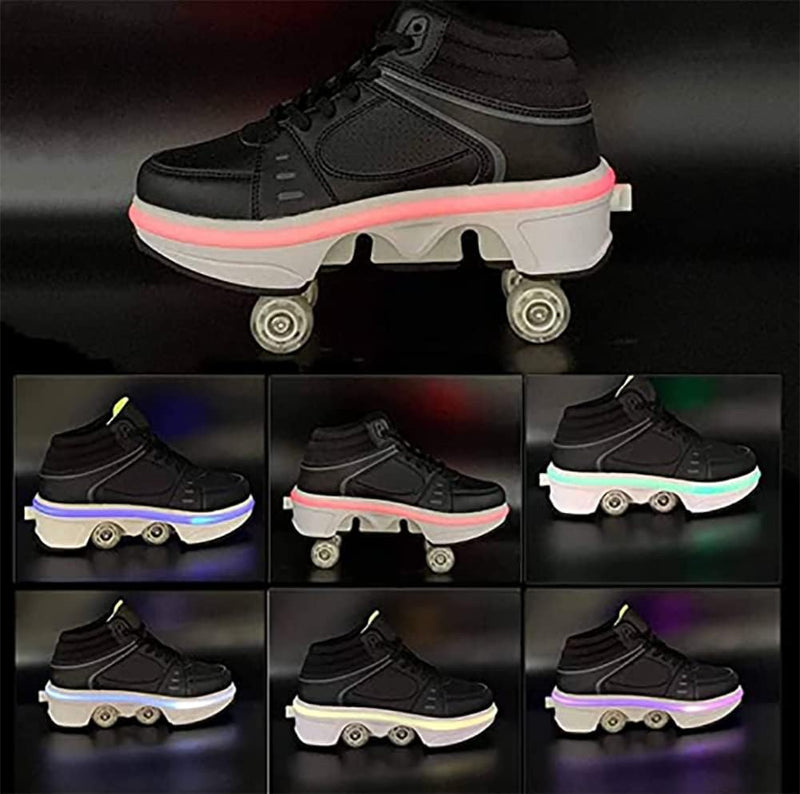 Schuhe mit Rollen Rollschuhe Jungen Mädchen Skateboard Schuhe mit LED Blinkend 4-Rad Automatisch Ein