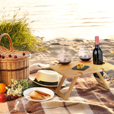 Relaxdays Picknick Weintisch, klappbar, HBT: 20x40x30 cm, Halterung 4 Weingläser & 1 Flasche, Bambus