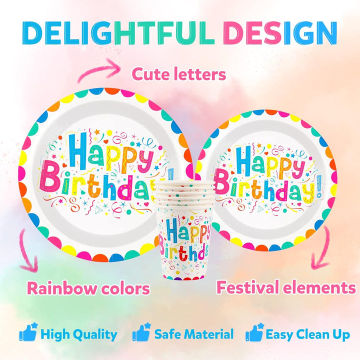 101PCS Geburstag Partygeschirr Pappteller Set Bunte Partyteller Partybecher Servietten Strohhalme Ti
