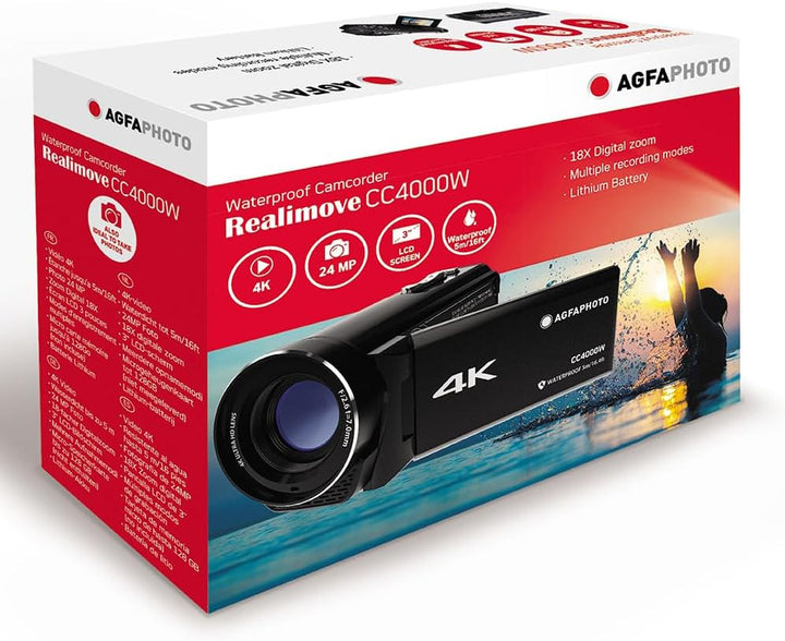 AgfaPhoto Realimove CC4000W - Wasserdichter 4K-Camcorder mit 3-Zoll-Touchscreen, 18-facher Digitalzo