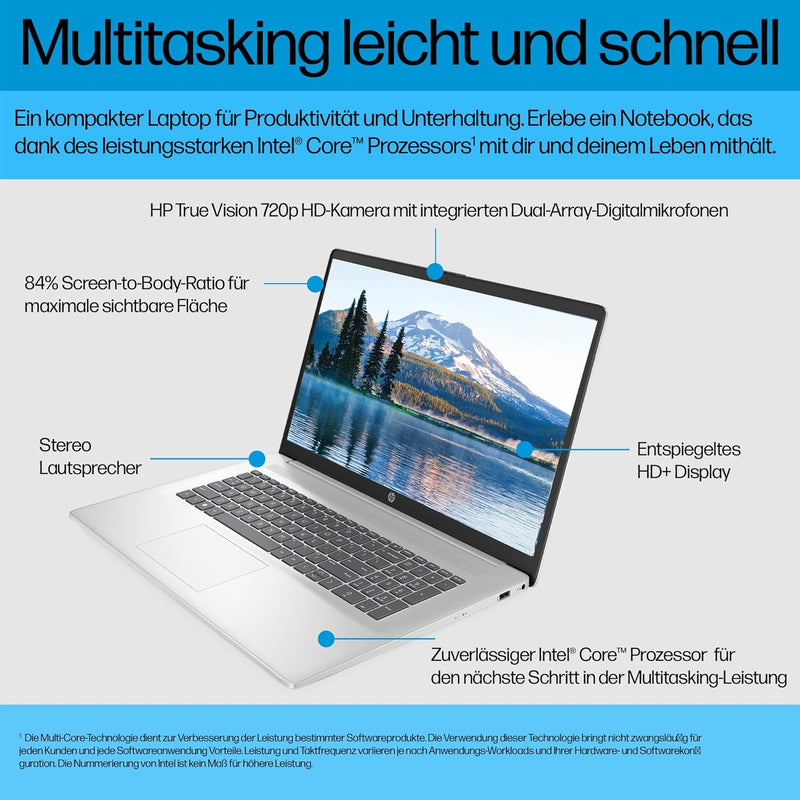 HP Laptop mit 17,3 Zoll FHD Display, Intel Core 3 100U, 8 GB DDR4 RAM, 512 GB SSD, ‎Intel Graphics,