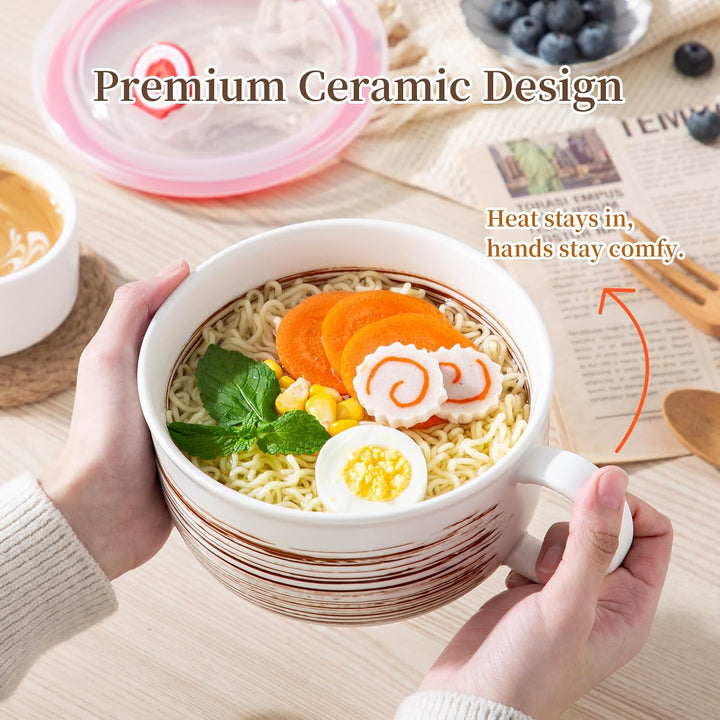 YUN TAO Keramik Suppenschalen 1065 ml mit henkel und Deckel, Küchenschalen Set für Salat, Ramen, Ser