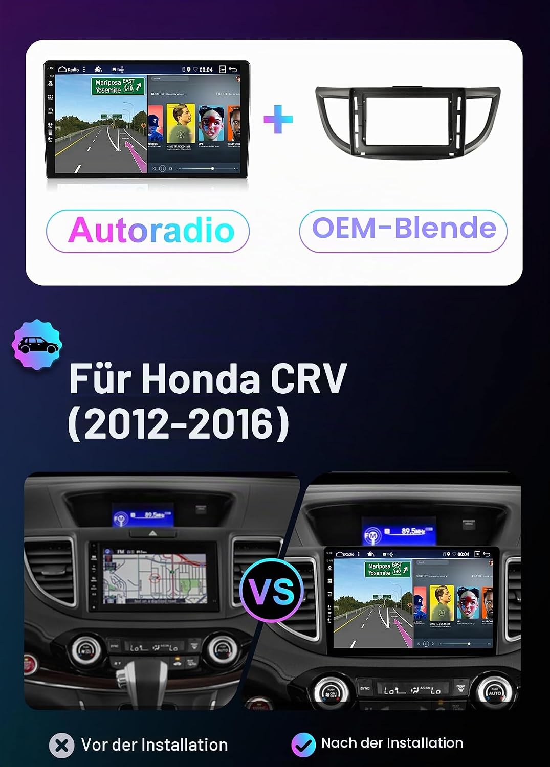 Android 15 -[8G+256G, 8-Core]- Autoradio für Honda CRV (2012-2016) - Kabellos CarPlay/Android Auto -