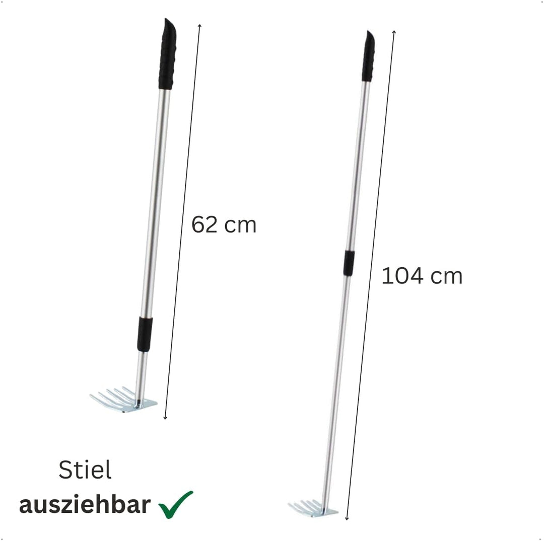 Rekord Kleinrechen (Stahl) mit Teleskopstiel (Aluminium) Länge bis 104 cm & Aufhängeloch, Harke, Lau
