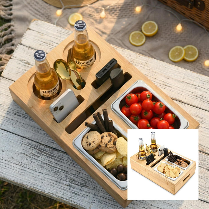 DE-COmmerce Bambus Couchbar, Schalen aus Edelstahl, Abnehmbarer Deckel, Snackbox, Sofatablett, Organ