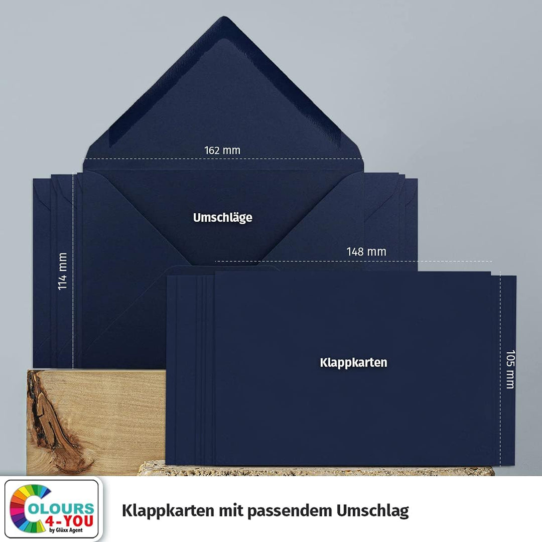 100 Klappkarten mit Umschlägen Set Dunkelblau - DIN A6 Blanko Doppelkarten 14,8 x 21 cm (160 g/m²) -