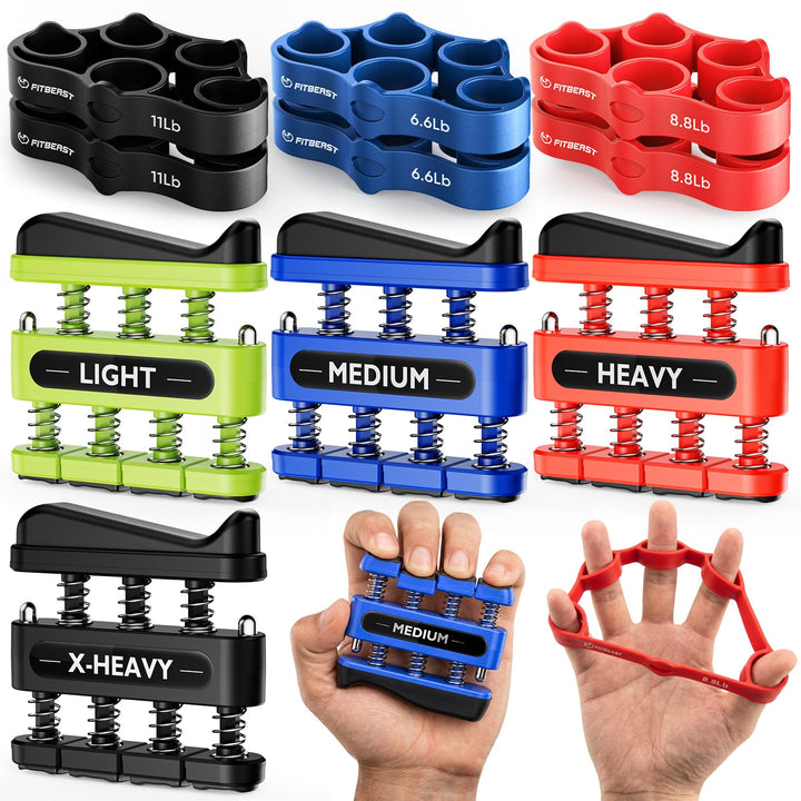 FitBeast Handtrainer &amp; Fingertrainer Set mit Finger-Expander-Bändern | Druck- und Strecktraining der