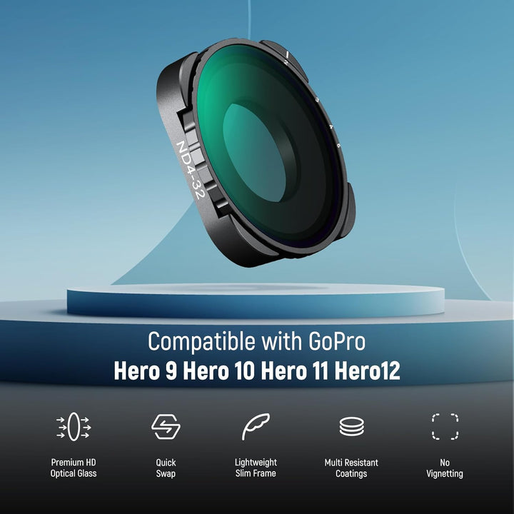 NEEWER Variabler ND Filter, kompatibel mit GoPro 13 12 11 10 9, ND4-32 2-5 Stop, aufschraubbarer Gra