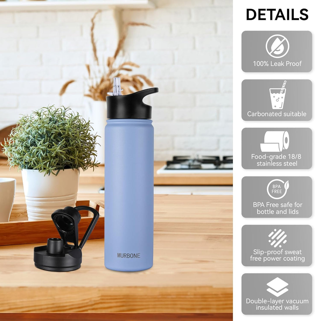 Edelstahl Trinkflasche 750ml (+2 Deckel)-mit Strohhalm,BPA frei,Thermosflasche Auslaufsicher,Kohlens