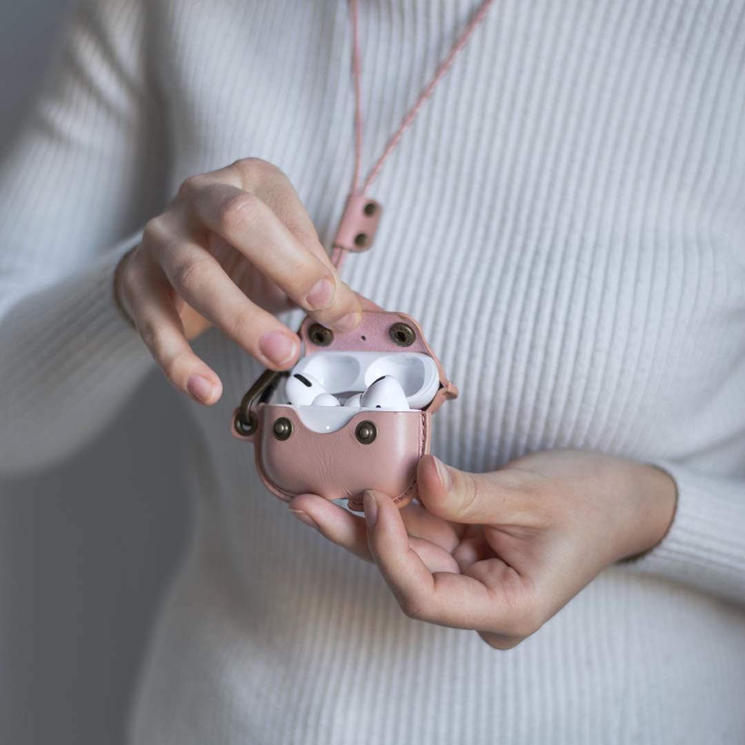 Woodcessories - AirPods Pro Leder Hülle mit Halskette, AirCase (Rose Nude) AirPods Pro rose, AirPods